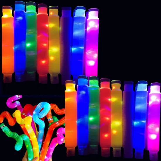 Nuevo diseño colorido resplandor iluminado arco iris Pop Tube Fidget sensorial para aliviar el estrés pastel de cumpleaños Pop tubos Fidget Juguetes